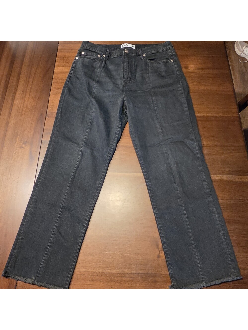 DAZE High Rise Cropped Tapered Leg Distressed Hem Black Jeans 29